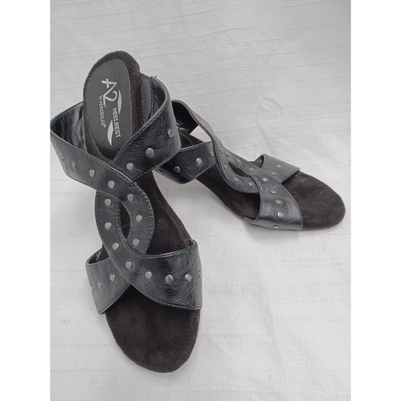 A2 by Aerosoles Heelrest Powssibility Black Studded Heel Sandal Slip On Sz. 8m - Picture 1 of 6